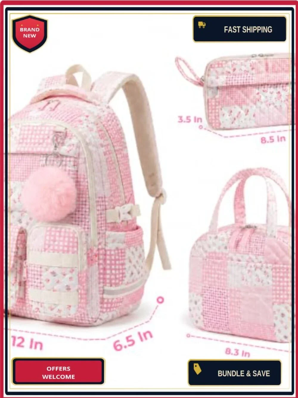 Quilted Floral Backpack Set with Insulated Lunch Bag & Pencil Case for School